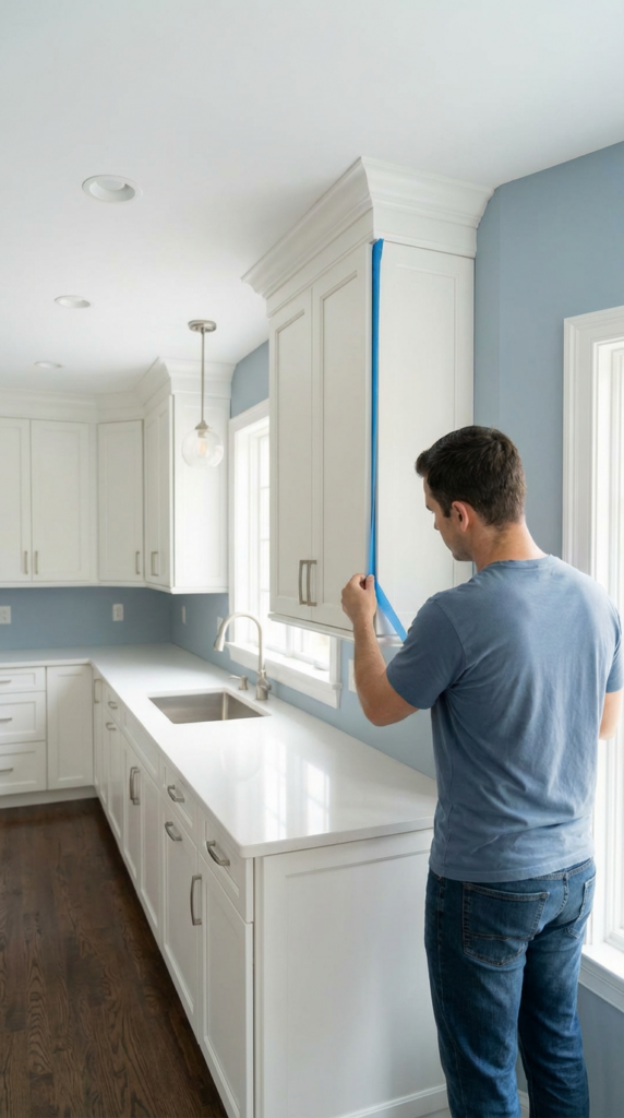 Painter masking cabinetry before refinishing in a Norwalk kitchen