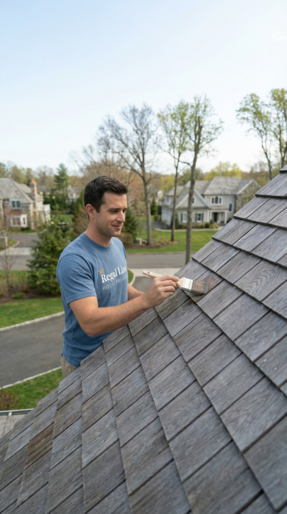Technician applying treatment to cedar roof shingles on a Westchester County home