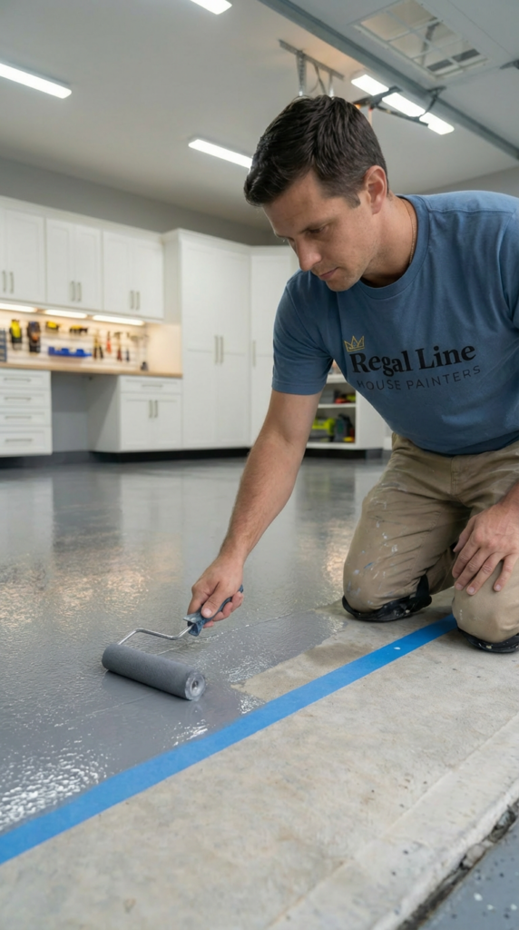 Installer applying epoxy coating on a concrete floor in a Westport garage