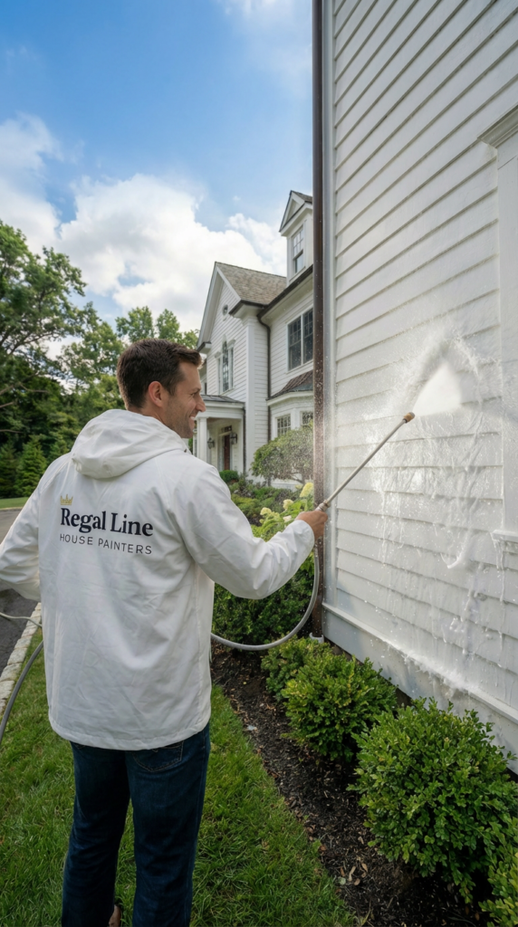 Technician power washing residential siding on a Westchester County home